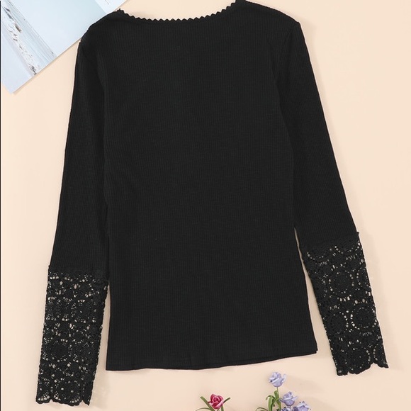 Black Crochet Plus Sized Lace Hem Sleeve Button Rib Knit Henley Top - 2X - Picture 7 of 12